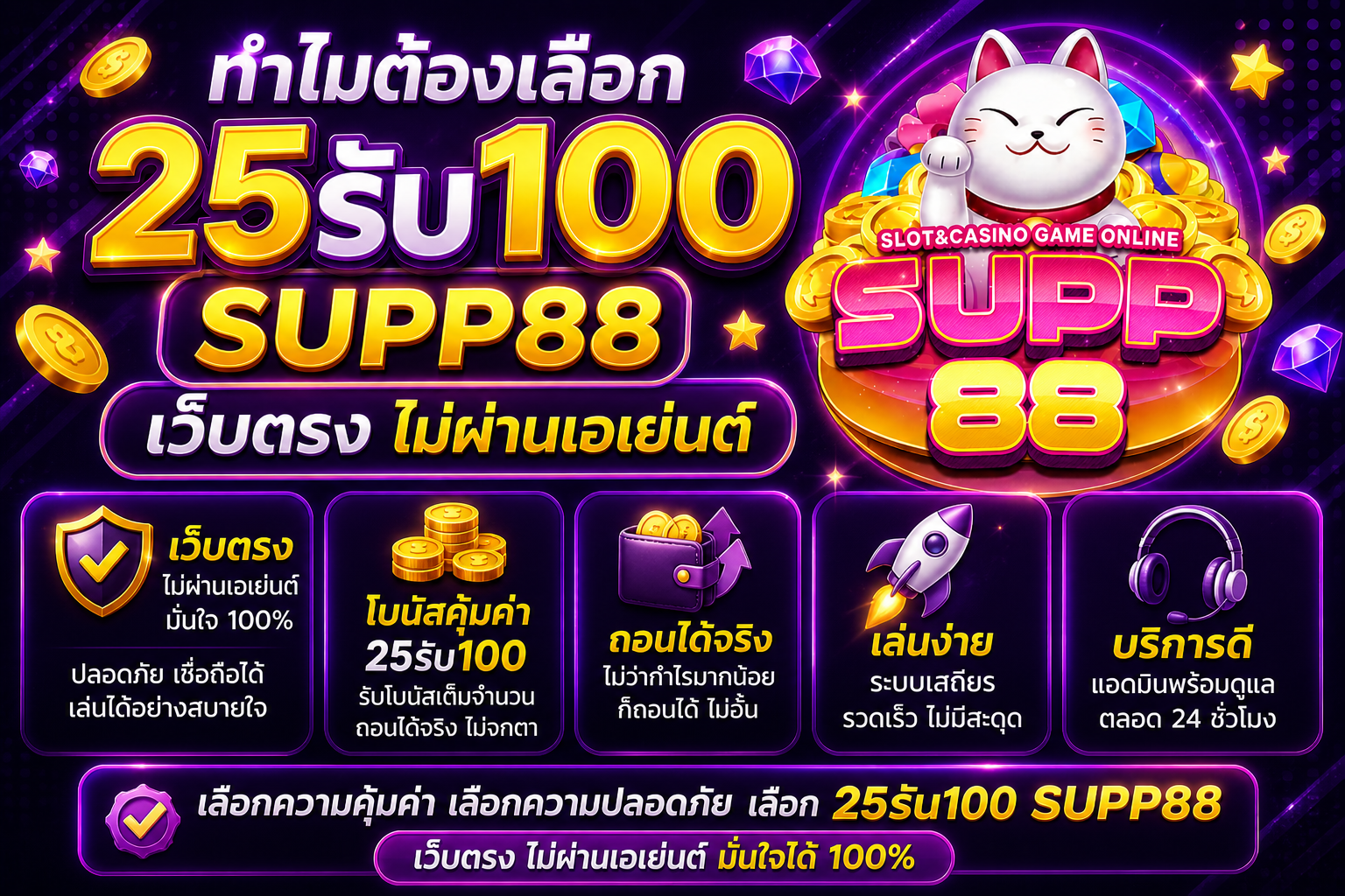 ทำไมต้องเลือก 25รับ100 SUPP88 เว็บตรง ไม่ผ่านเอเย่นต์