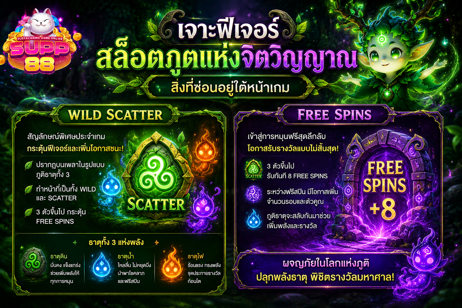ฟีเจอร์ภายในเกม สล็อตภูติป่า PG พลังธาตุทั้งสาม