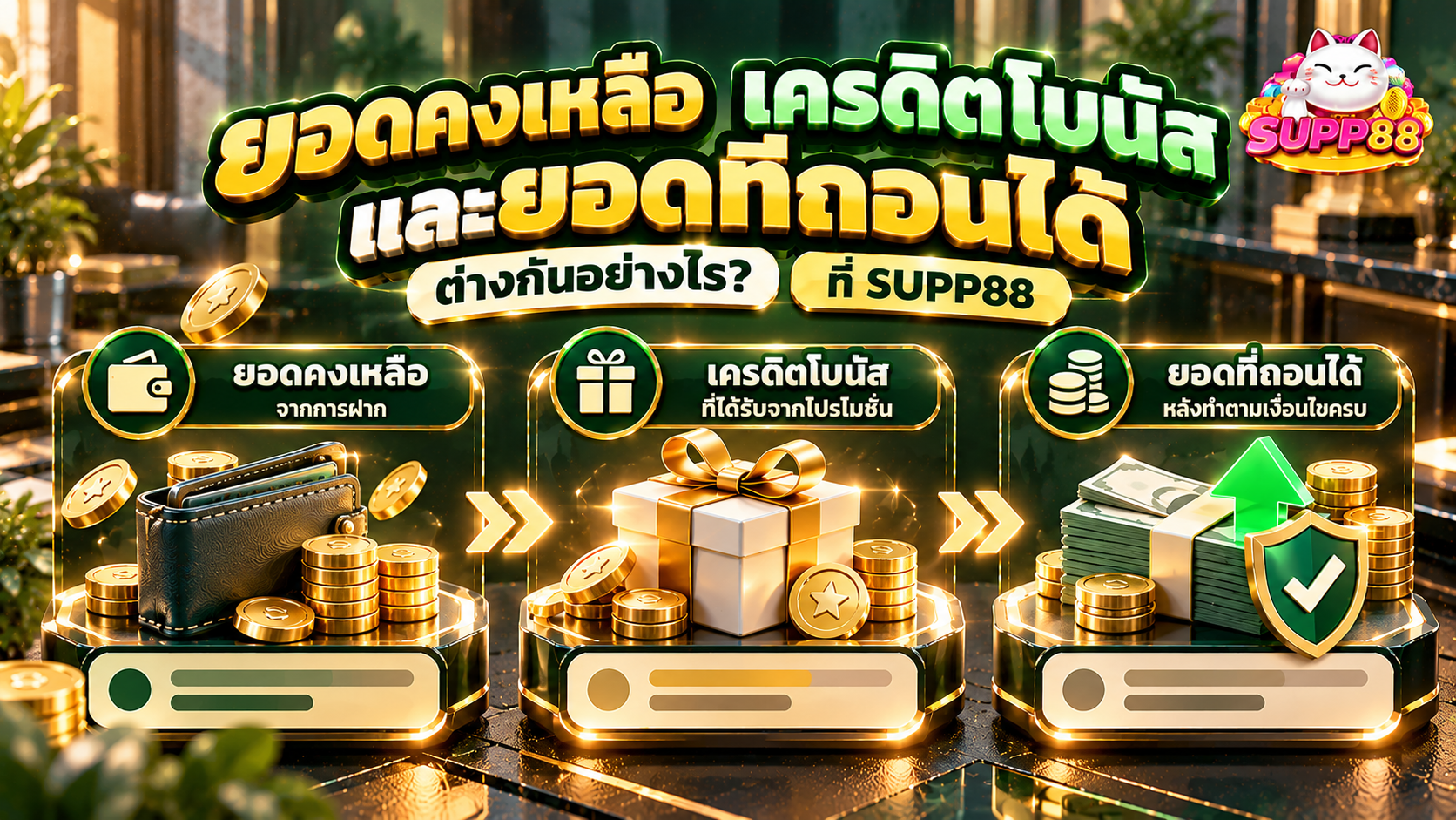 ภาพเปรียบเทียบยอดคงเหลือ เครดิตโบนัส และยอดที่สามารถถอนได้ตามเงื่อนไขถอนเงิน SUPP88