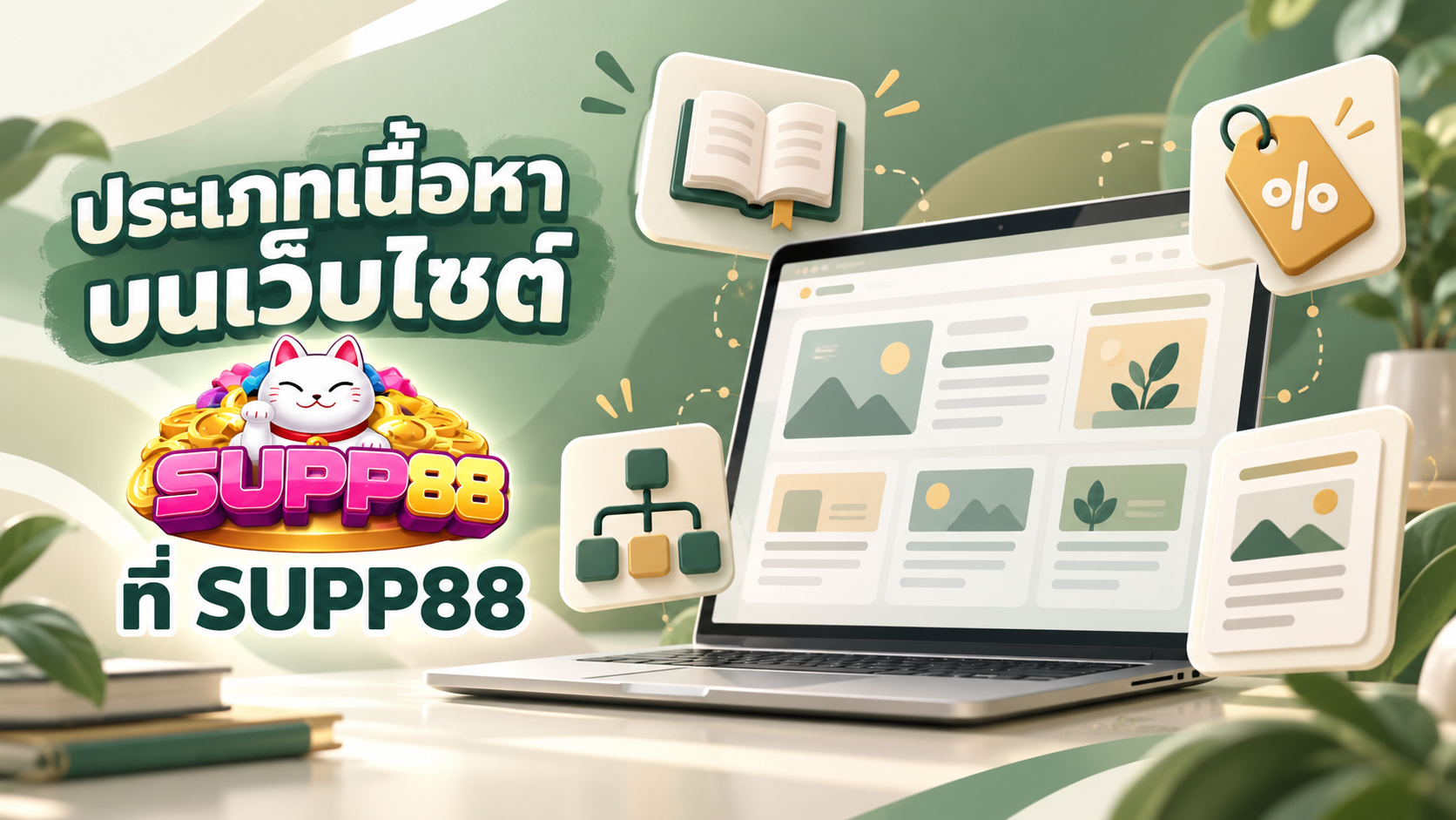 ภาพแสดงประเภทเนื้อหาบนเว็บไซต์ SUPP88 ได้แก่ ภาพรวม คู่มือ โปรโมชั่น 25รับ100 และบทความรีวิว