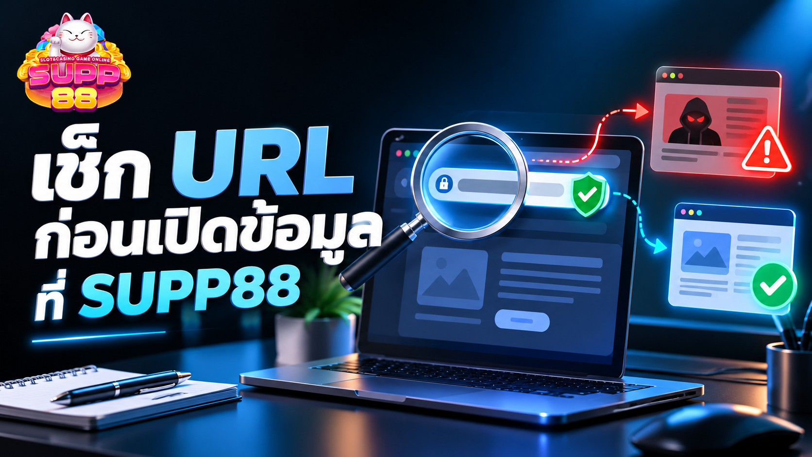 ภาพแสดงการตรวจสอบโดเมน URL HTTPS และเส้นทางเปลี่ยนหน้าเว็บไซต์อย่างระมัดระวัง