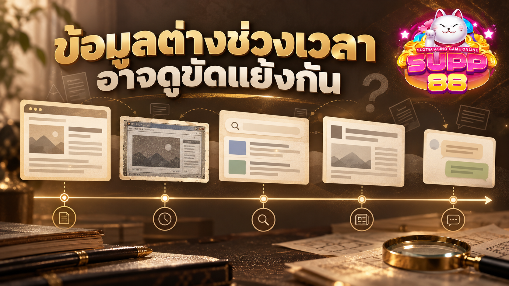 ภาพไทม์ไลน์แสดงข้อมูลจากเว็บไซต์ ผลการค้นหา ภาพหน้าจอ และบทความภายนอกที่เผยแพร่ต่างช่วงเวลา