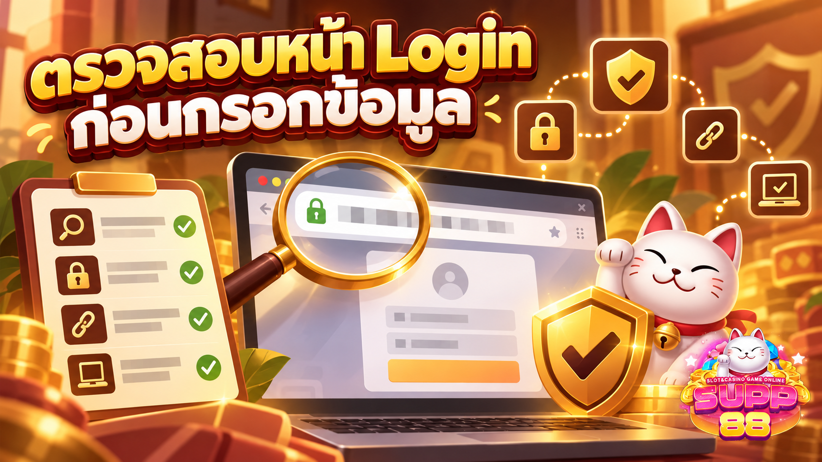 ภาพเช็กลิสต์ตรวจสอบ URL HTTPS และแหล่งที่มาของลิงก์ก่อนเข้าสู่ระบบ