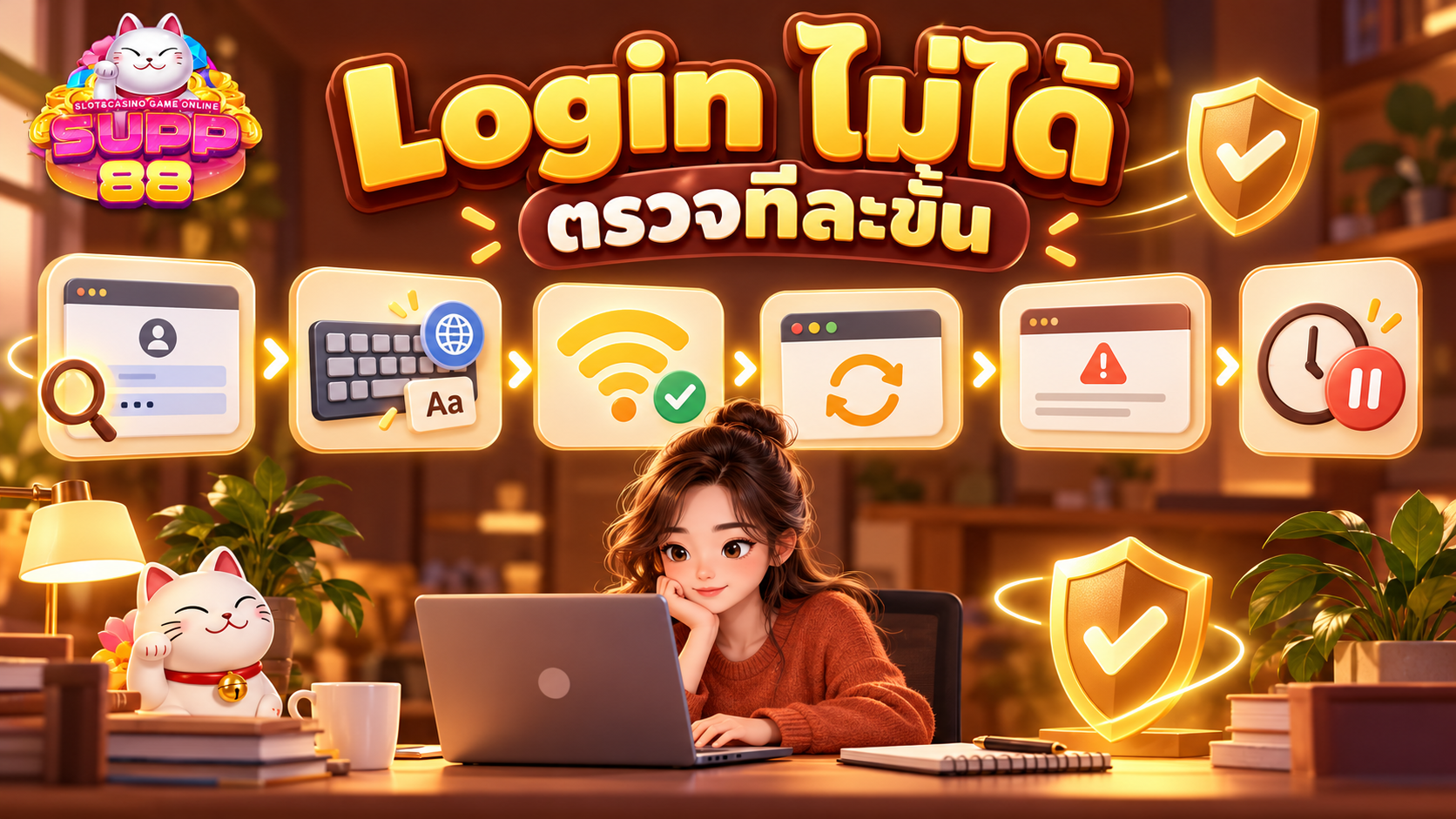 ภาพลำดับขั้นตอนตรวจสอบข้อมูลและแก้ปัญหาเมื่อเข้าสู่ระบบไม่ได้