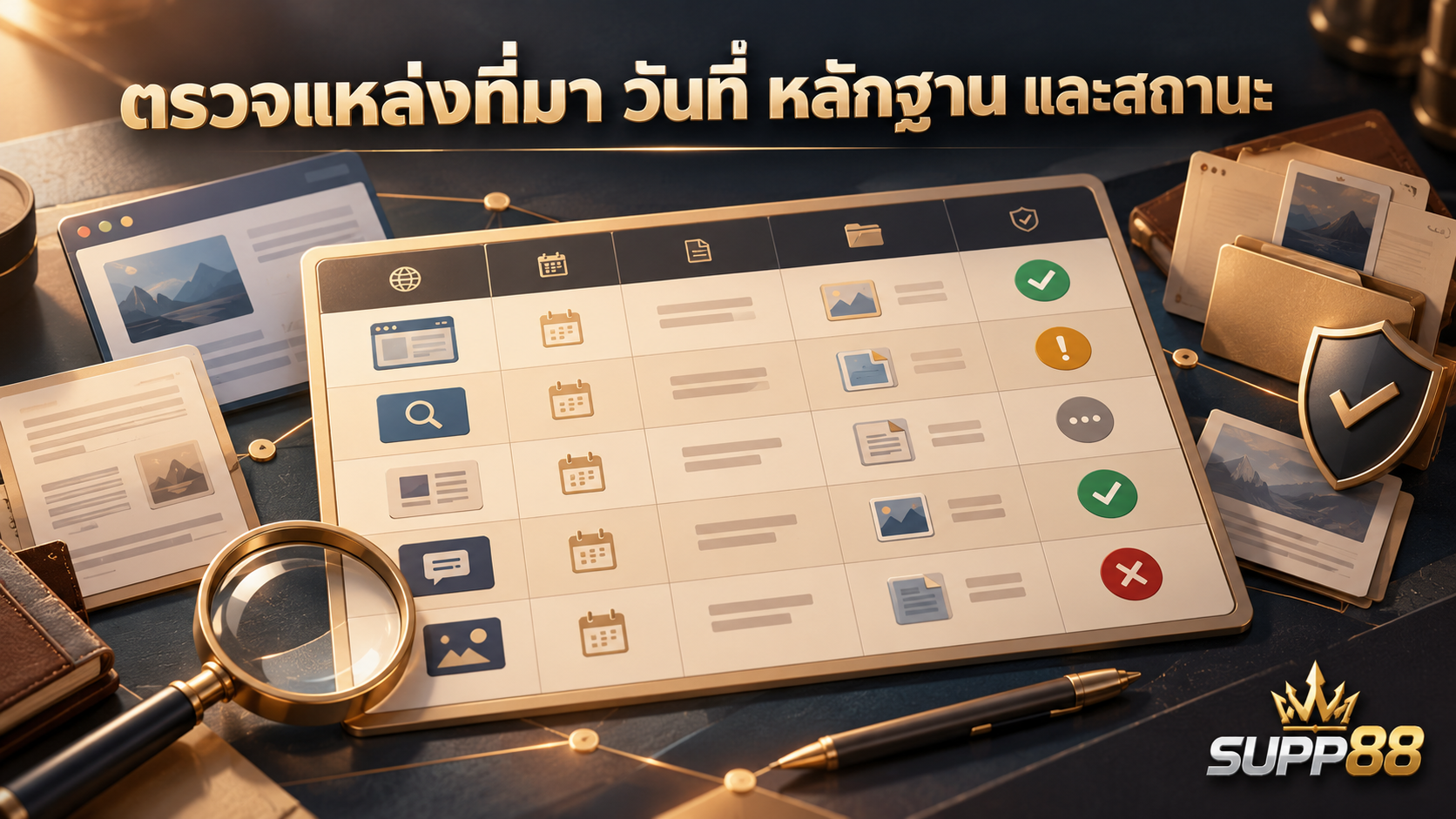 ภาพตารางเปรียบเทียบแหล่งข้อมูล SUPP88 วันที่ หลักฐาน และสถานะข้อกล่าวอ้าง