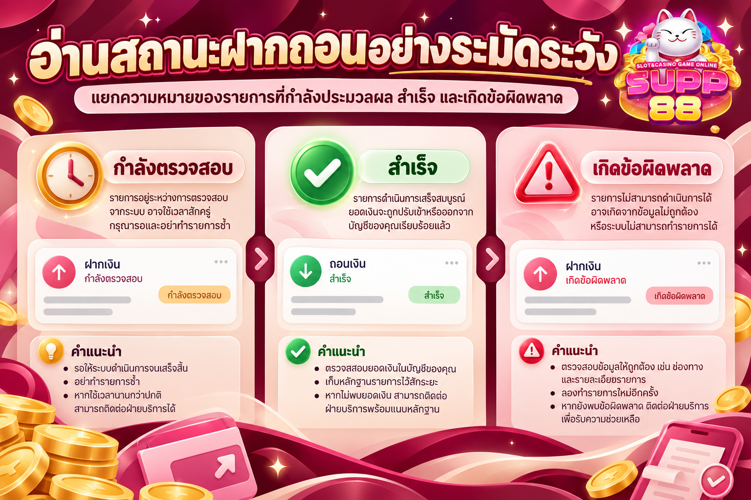 ภาพอธิบายการอ่านสถานะฝากถอน SUPP88 และการแยกรายการที่กำลังตรวจสอบ