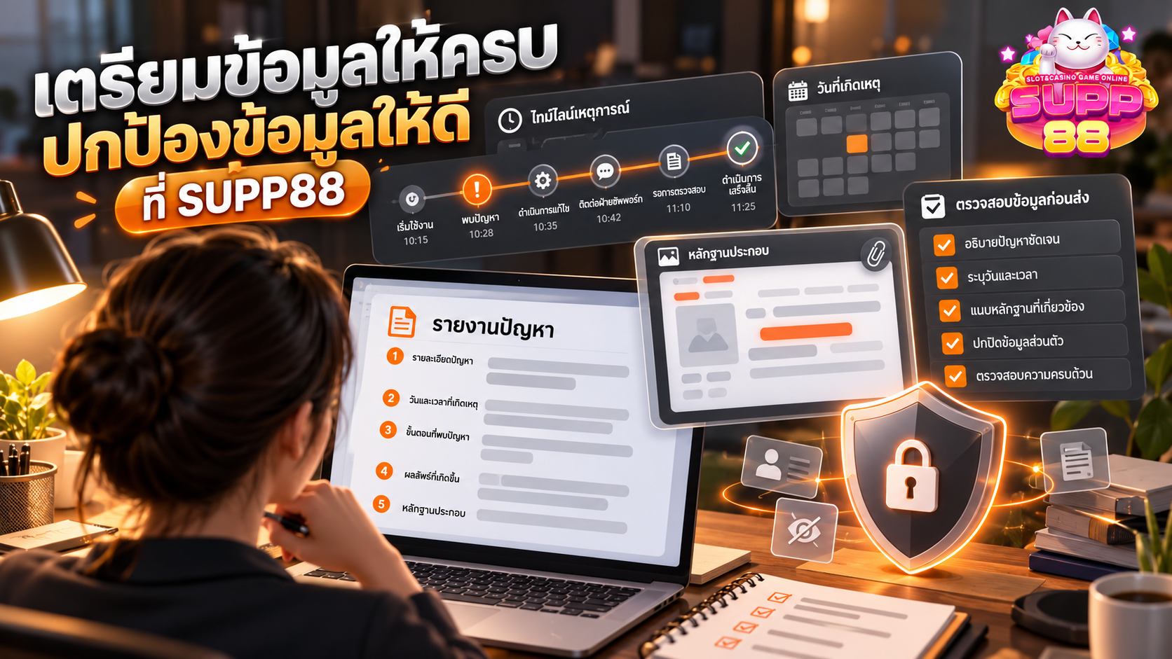 การเตรียมรายละเอียดเหตุการณ์และหลักฐานสำหรับแจ้งปัญหา SUPP88 โดยปิดบังข้อมูลลับ