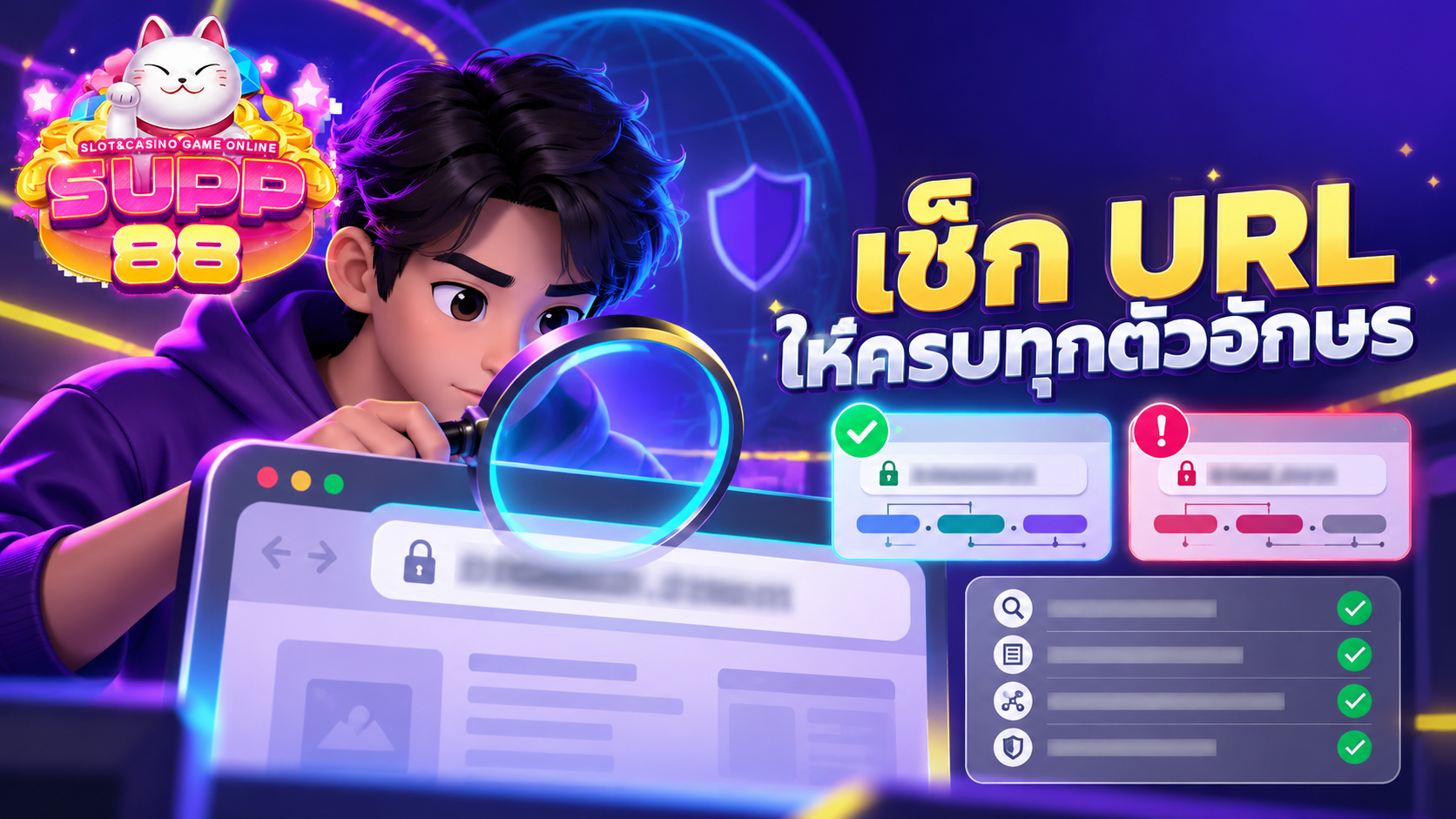 ภาพการตรวจสอบ URL และชื่อโดเมน SUPP88 ด้วยแถบที่อยู่และแว่นขยาย